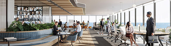 An artist’s impression of a modern office space within 50 First Avenue, with employeers spread across various tables, workspaces and meeting areas. Full-height windows span the entire edge of the office showing panoramic views of the ocean and nearby Maroochydore.