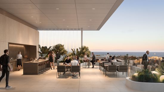 An artist’s impression of the rooftop area of 50 First Avenue. A kitchen area is seen on the side from where the a seating area extends outwards, overlooking Maroochydore. The ocean can be seen through the glass railings.
