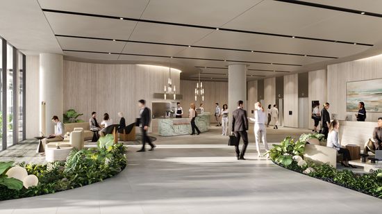 An artist’s impression of the entrance foyer of 50 First Avenue. The clean white tiling is interspersed with patches of greenery, and a café sits next to the elevator bank further in the building.