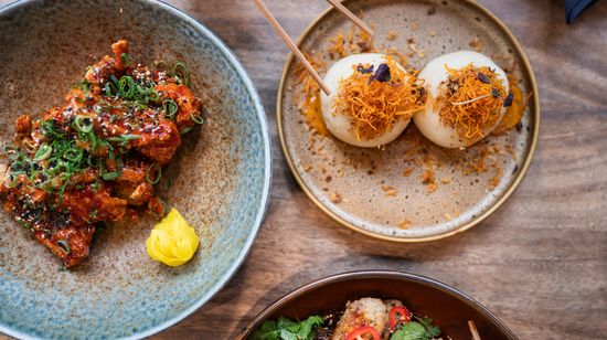 Several modern dishes served on eclectic places set atop a rustic wooden table. The dishes consist of a variety of Asian-inspired garnished and seasoned meats and buns.
