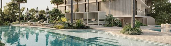 An artist’s impression of the residents’ pool area at SOL by Walker. A large pool lined by lounge chairs and gardens fills the majority of the area, with some smaller spa pools at the edge of the space.