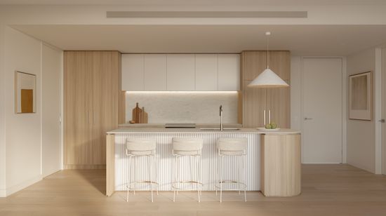 An artist’s impression of the modern kitchen of an apartment at SOL by Walker, featuring light wooden cabinetry.