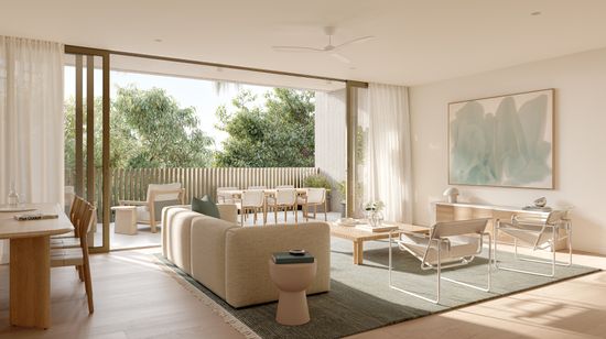 An artist’s impression of the modern interior of an apartment’s living room at SOL by Walker, with light designer furniture spread throughout the room which opens out onto a wide, sunlit deck.