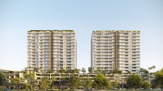An artist’s impression of the two towers of SOL by Walker and the base building spanning beneath them both. Various retail stores are seen along the base building with lush greenery hanging from the balconies above.