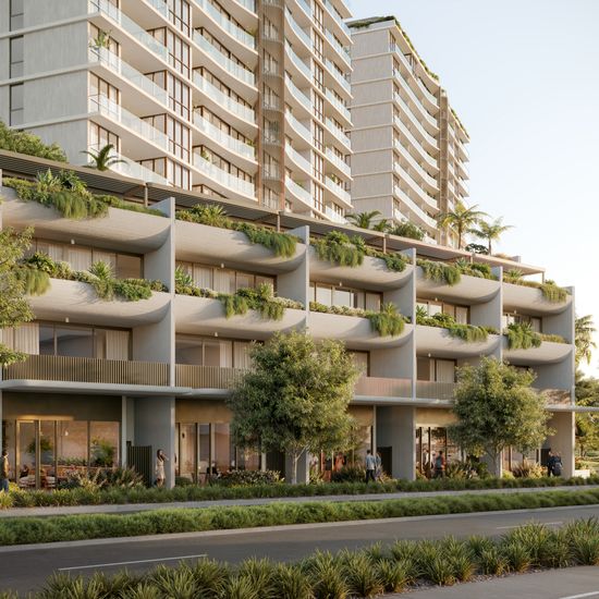An artist’s impression of the lower levels of SOL by Walker, with various retail stores along the street level and modern apartments with lush greenery on their balconies extending above.