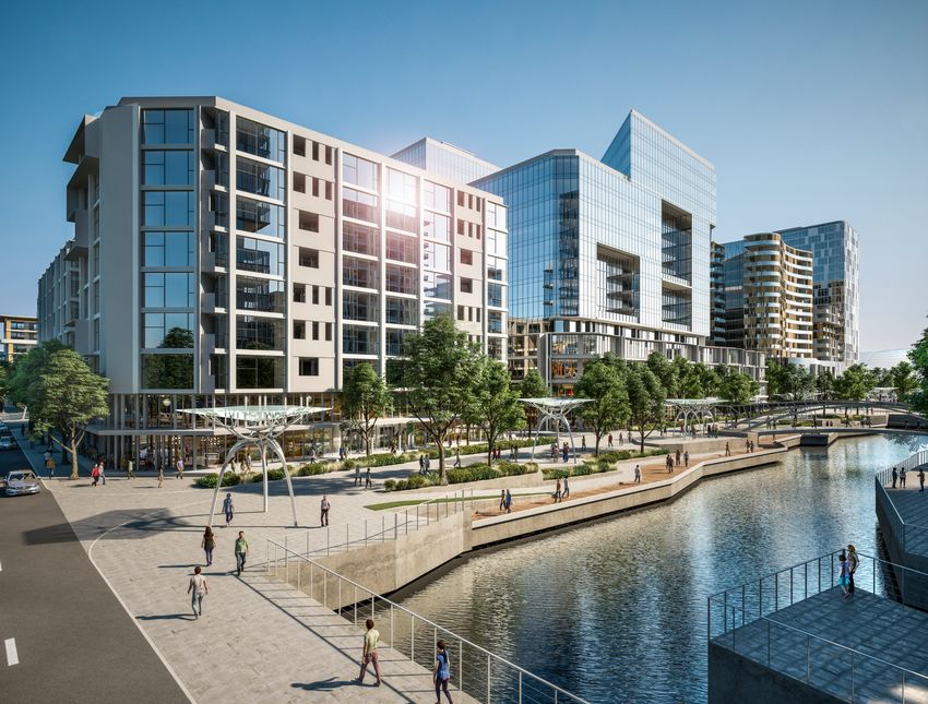 A rendering of some of the buildings of the planned Maroochydore City Centre development, showing a pedestrian plaza along the water edge