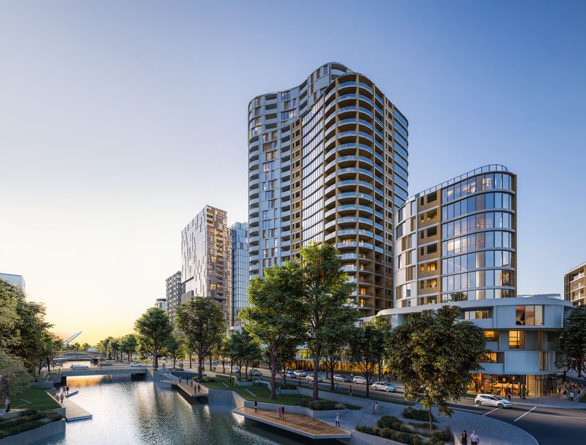 A rendering of some of the buildings of the planned Maroochydore City Centre development, from street-level looking up