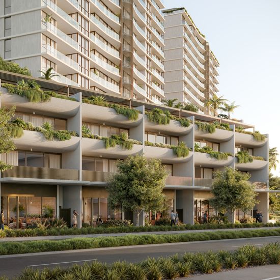 An artist’s impression of the lower levels of SOL by Walker, with various retail stores along the street level and modern apartments with lush greenery on their balconies extending above.