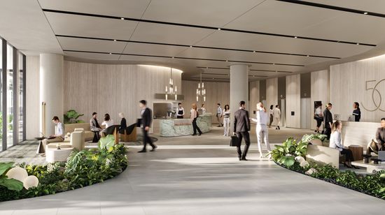 An artist’s impression of the sunlit lobby of 50 First Avenue, with several indoor garden beds surrounding seating areas on the edges and a minimalistic café counter alongside elevator banks.