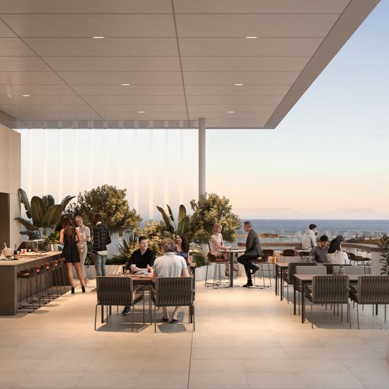 An artist’s impression of a roof terrace overlooking Maroochydore and the Sunshine Coast. Several people are dining or watching the view from a handful of tables & chairs.